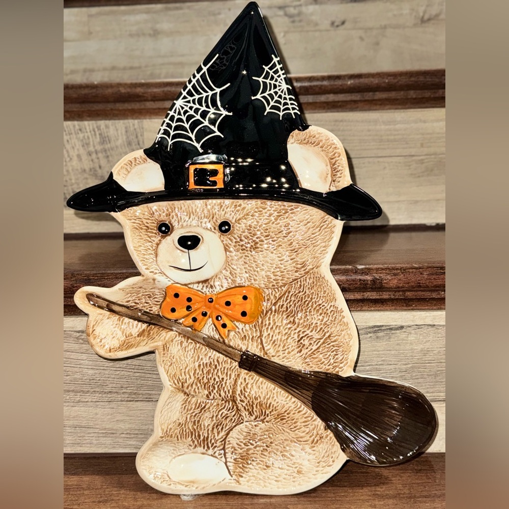 Cute 🥰 Halloween Teddy Bear 🧸 Witch 🧙 Figurine Platter Serving Tray Autumn Fall